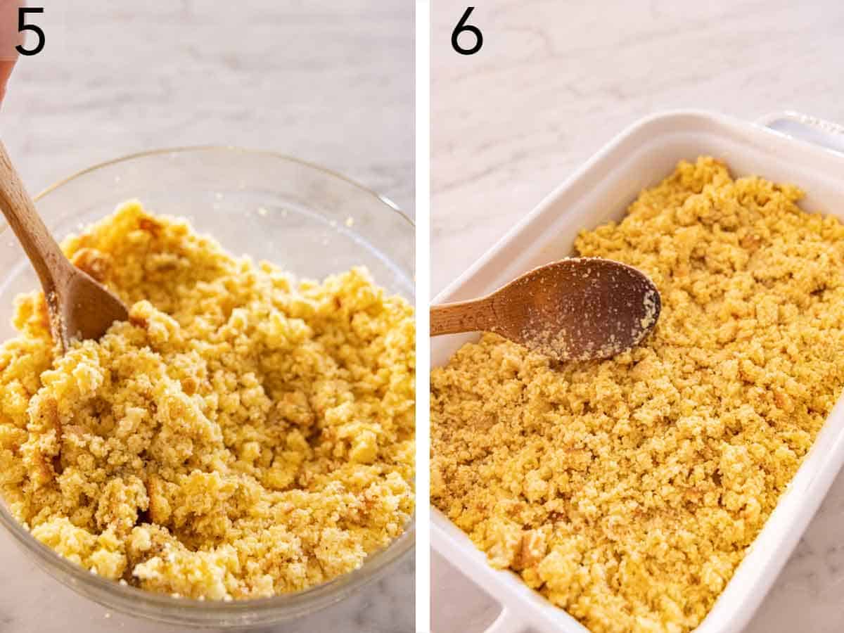 Set of two photos showing the mixture stirred and transferred to a baking dish.
