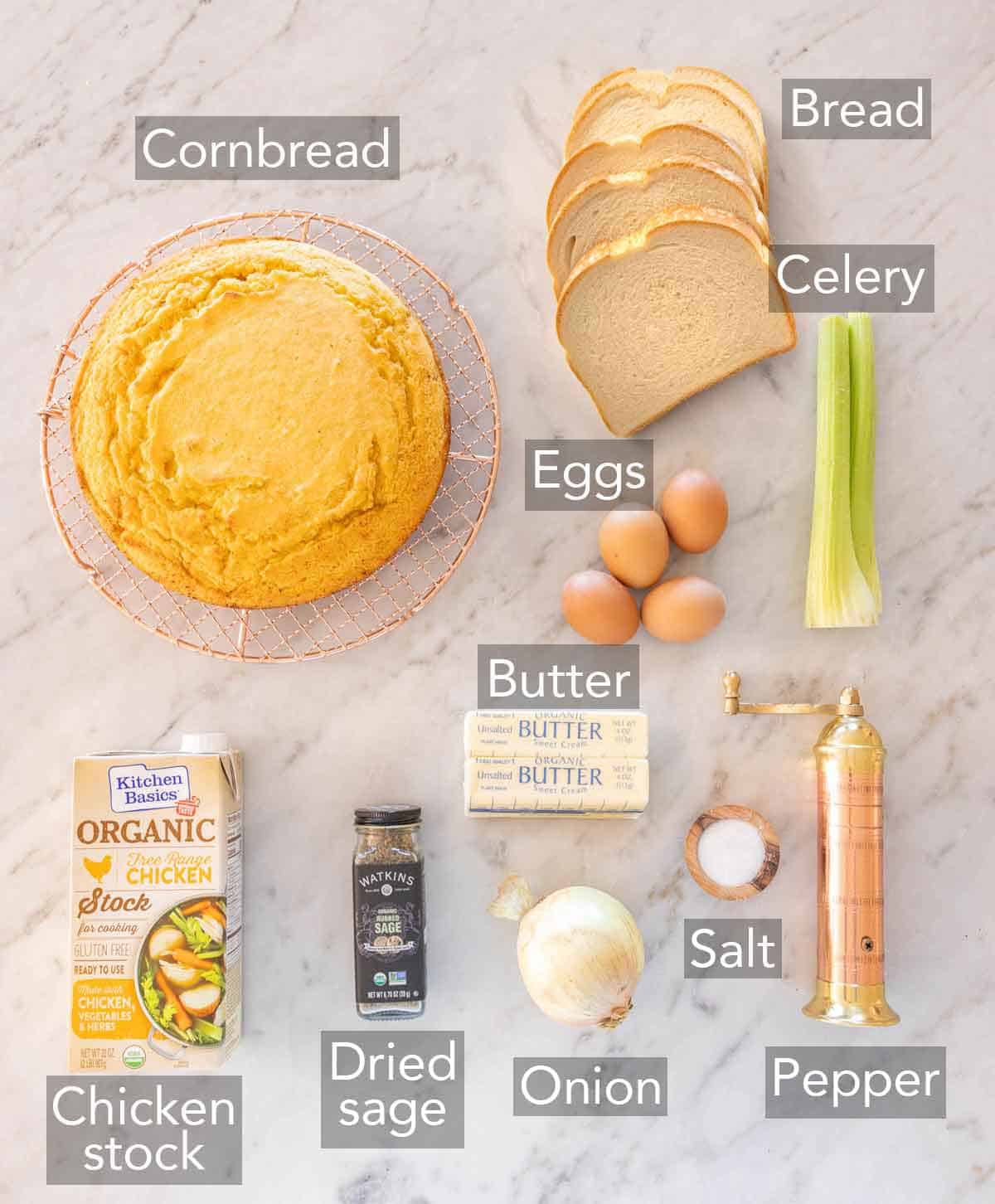 Ingredients needed to make cornbread dressing.
