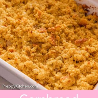 Pinterest graphic of a close view of cornbread dressing in a baking dish.