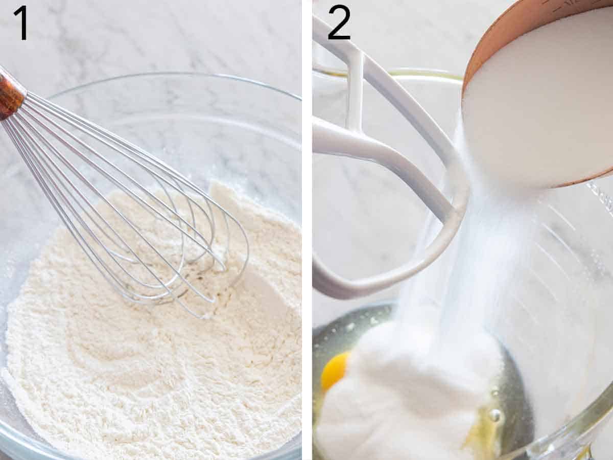 Set of two photos showing dry ingredients whisked and sugar added to eggs in a mixing bowl.