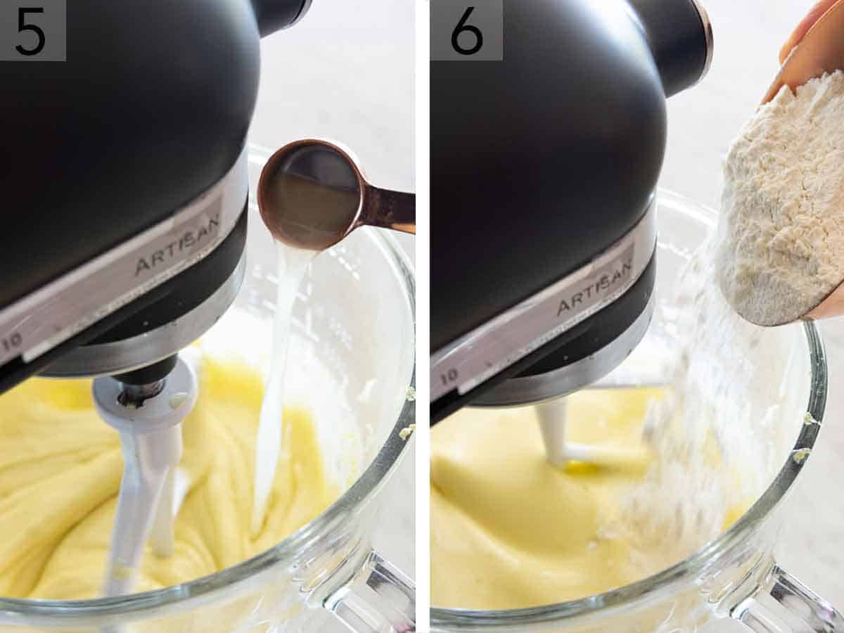 Set of two photos showing lime juice and flour added to the moving mixer.