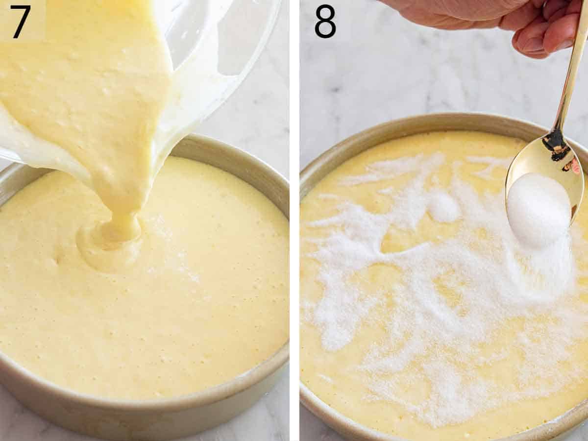 Set of two photos showing batter poured into a baking pan and sugar poured on top.