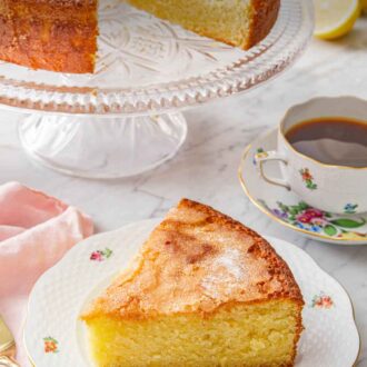 Pinterest graphic of a plate with a slice of olive oil cake with a cup of coffee and the cake on a cake stand in the back.