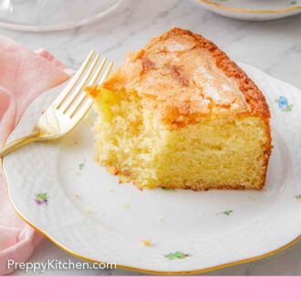 Pinterest graphic of a plate with a slice of olive oil cake half eaten.