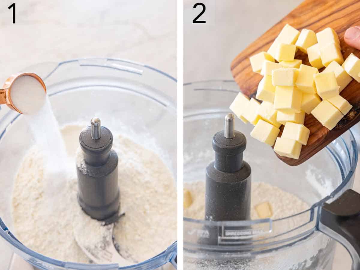 Set of two photos showing dry ingredients added to a food processor and then cubed butter added.