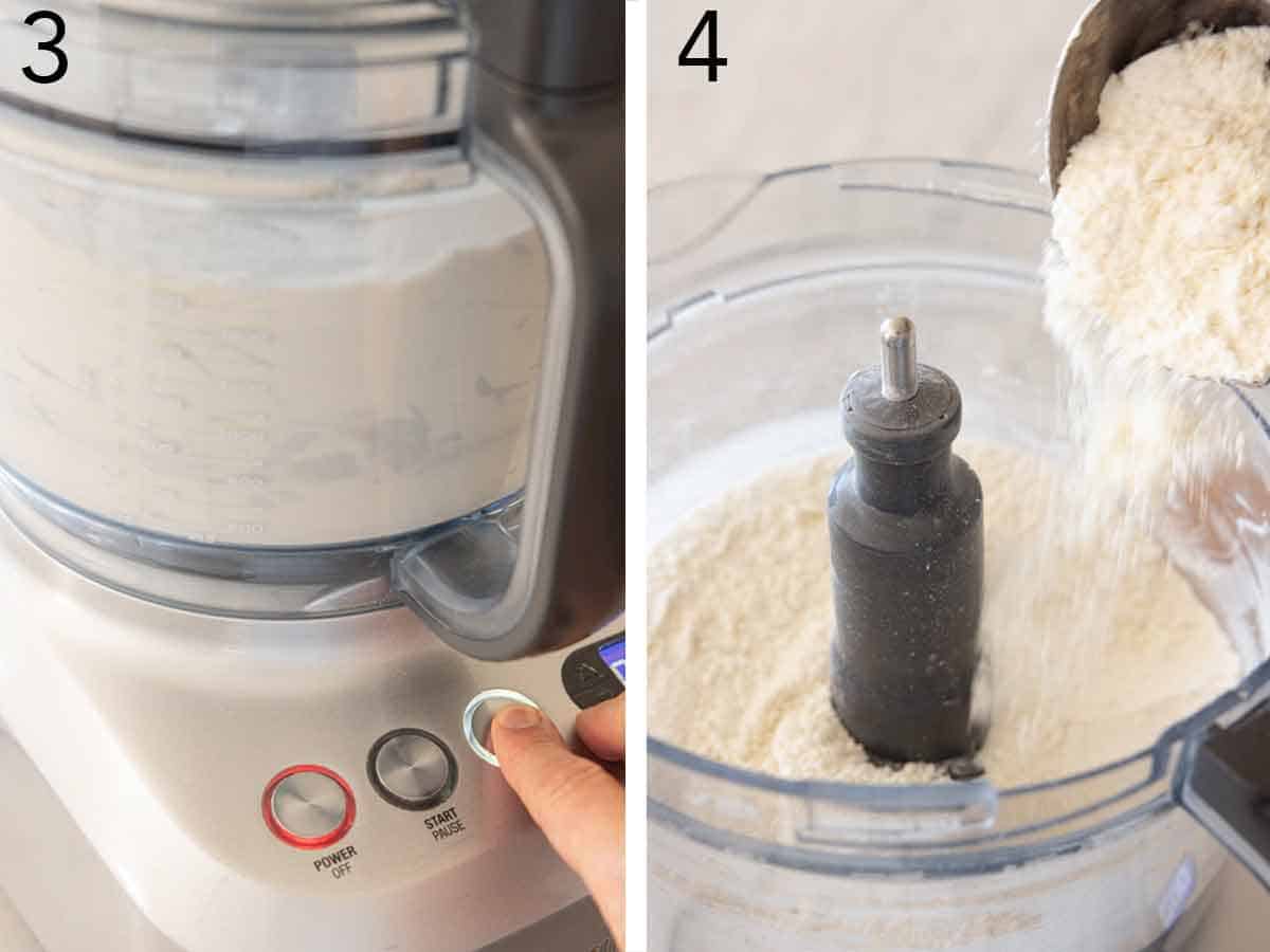 Set of two photos showing the food processor turned on and more flour added.