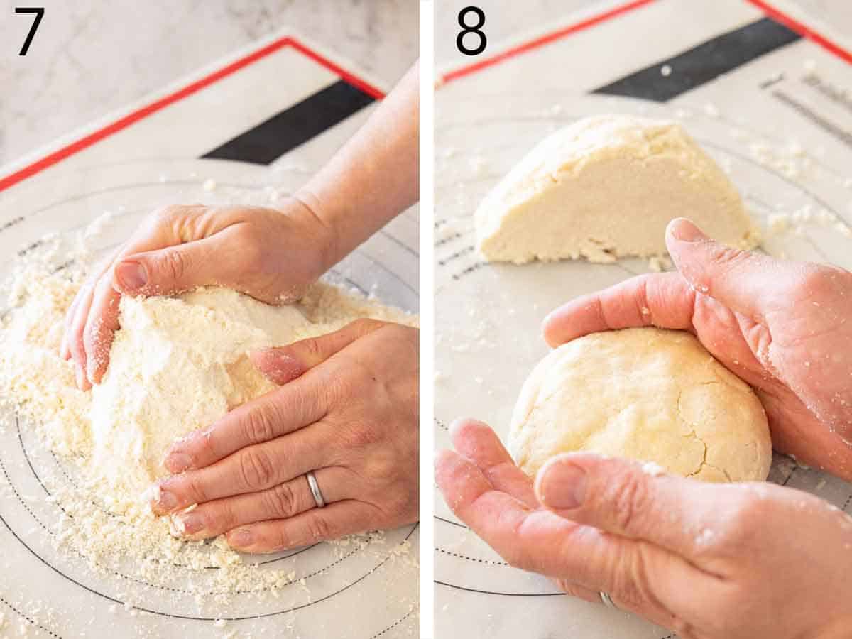 Set of two photos showing the pie dough shaped.