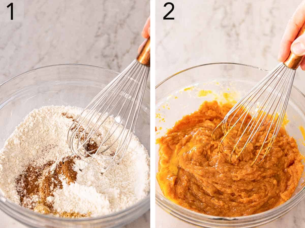 Set of two photos showing dry ingredients and wet ingredients whisked in separate bowls.