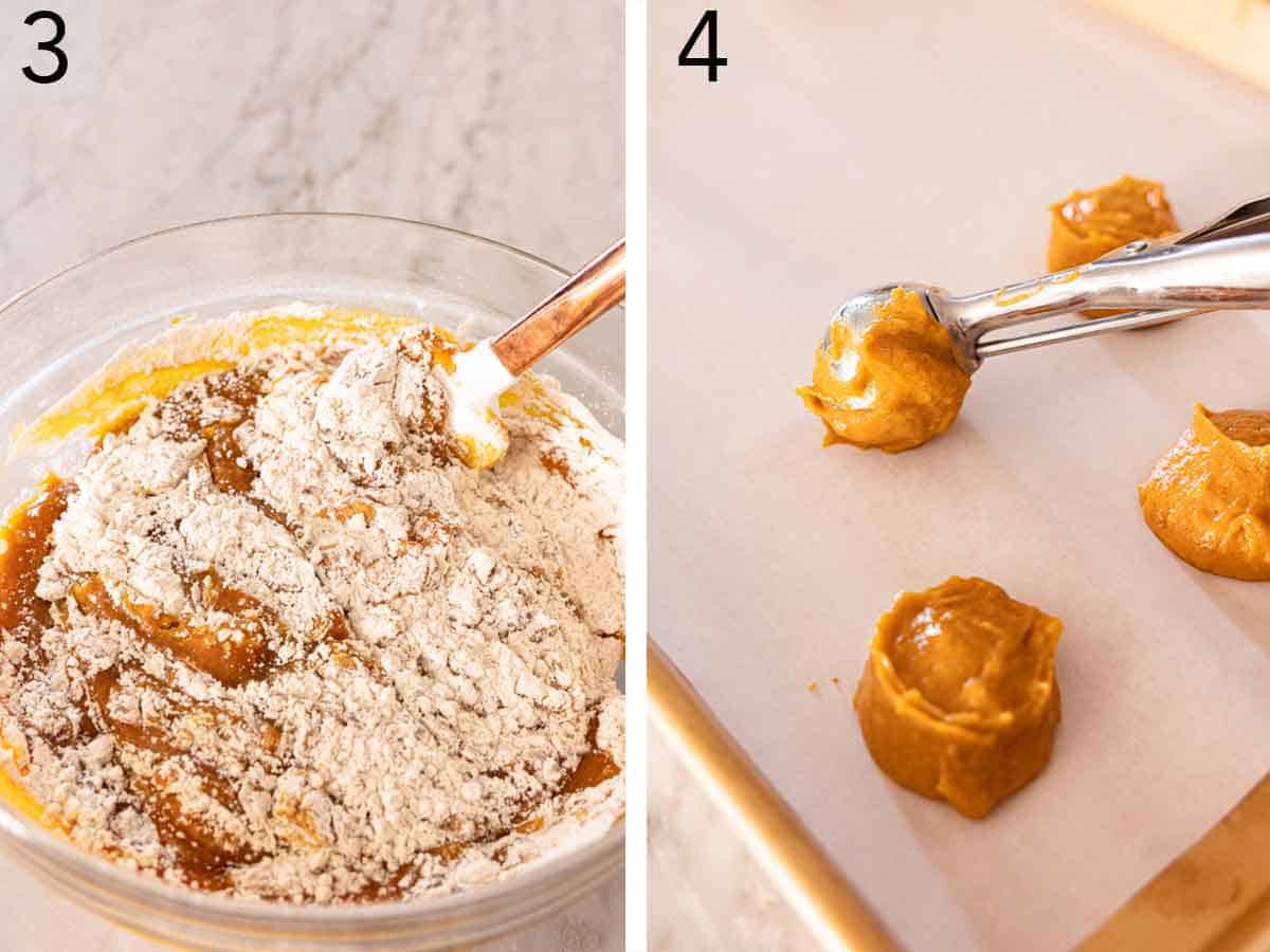 Set of two photos showing the wet and dry ingredients folded together and batter scooped onto a lined sheet pan.