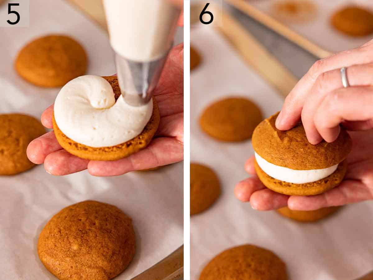 Set of two photos showing the pumpkin whoopie pies assembled.