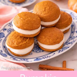 Pinterest graphic of a platter of pumpkin whoopie pies with two stacked on top.