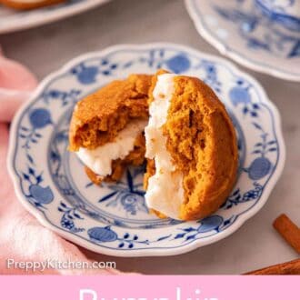 Pinterest graphic of a pumpkin whoopie pie cut in half, on a plate.