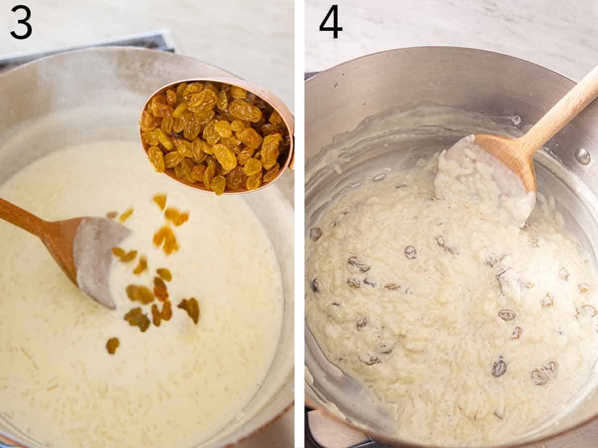 Set of two photos showing golden raisins added to the pot and stirred together.