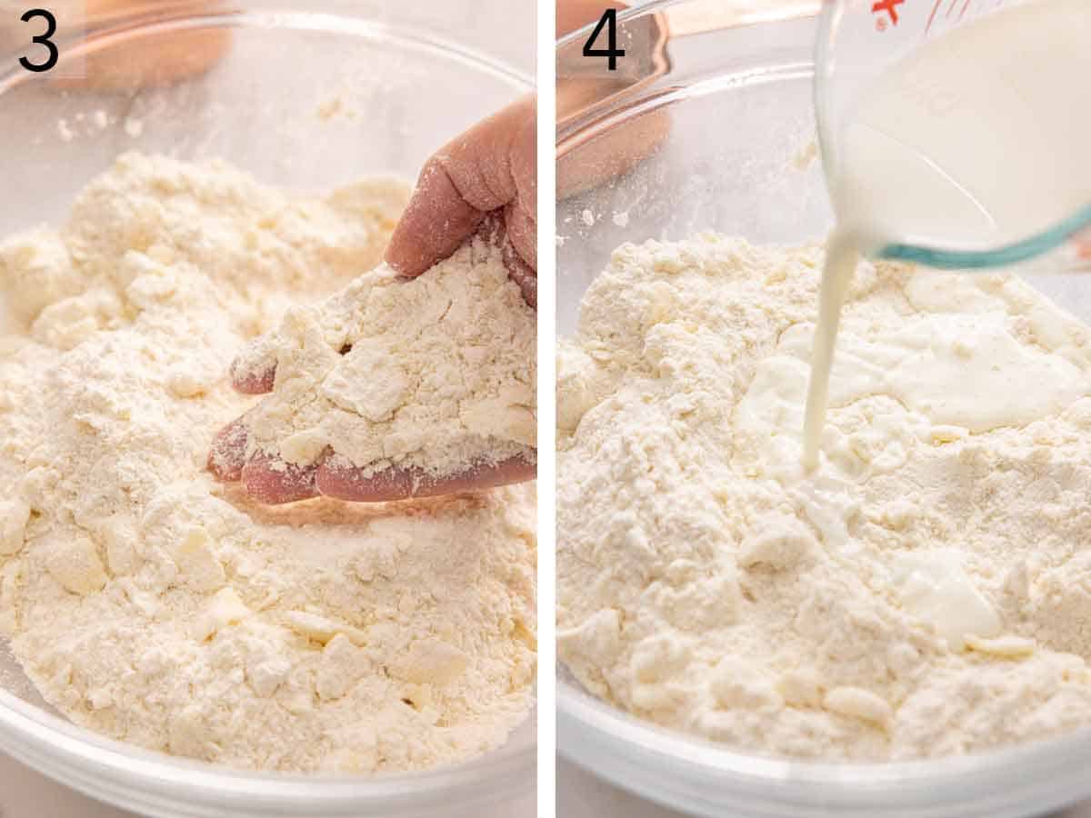 Set of two photos showing butter worked into dry ingredients and milk added.