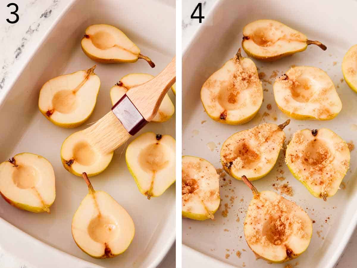Set of two photos showing butter brushed on the cut fruit and cinnamon and sugar sprinkled over.