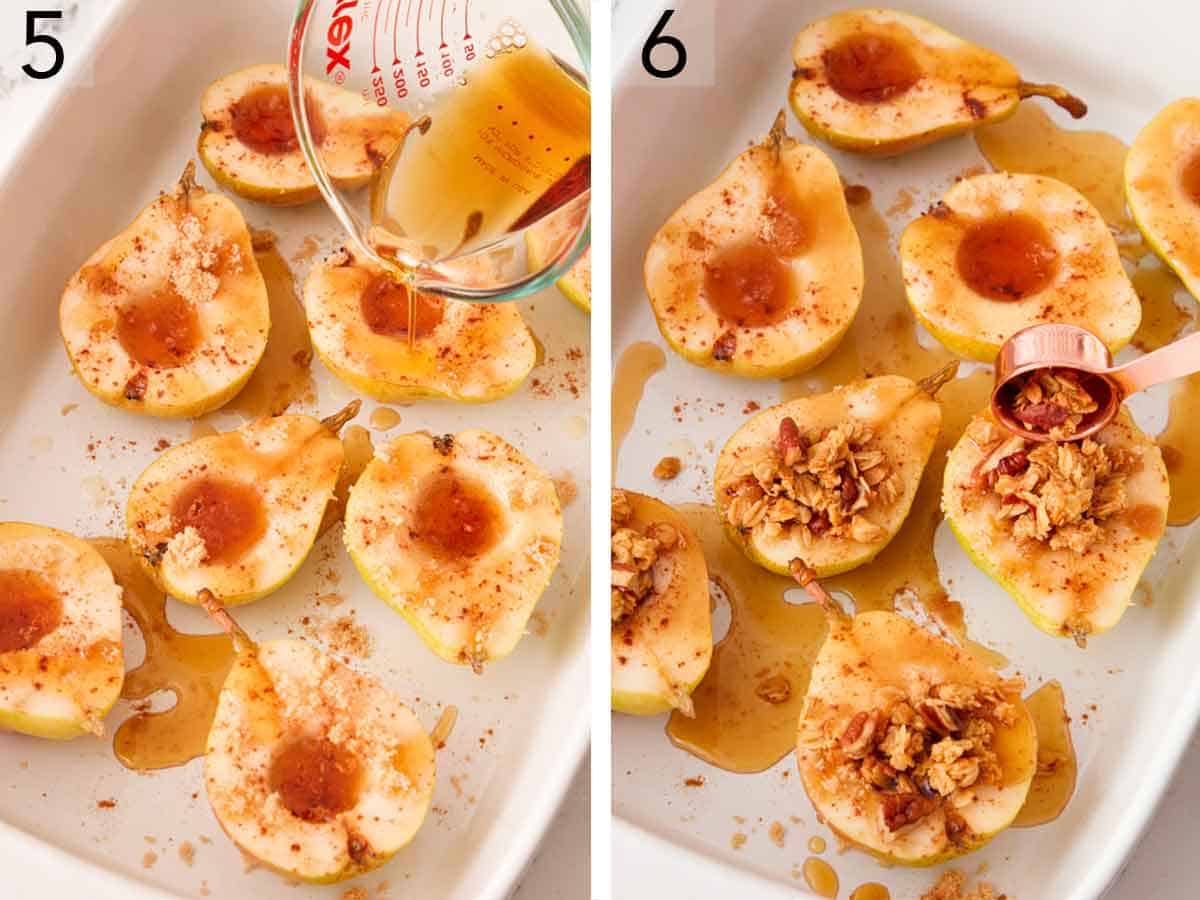 Set of two photos showing syrup drizzled over the pears and granola added on top.