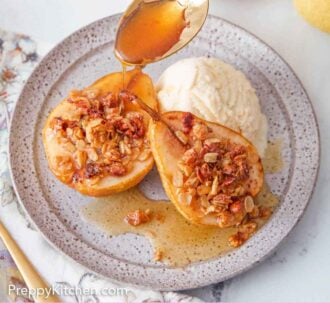 Pinterest graphic of a plate with two baked pears and a scoop of ice cream with syrup drizzled on top.