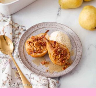 Pinterest graphic of two baked pears and a scoop of vanilla ice cream on a plate with some fresh fruit on the side.
