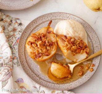 Pinterest graphic of a plate of two baked pears and a scoop of ice cream in the middle of being eaten.