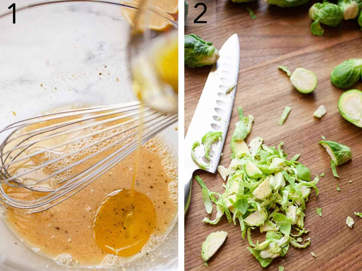 Set of two photos showing dressing whisked together and Brussels sprouts cut.