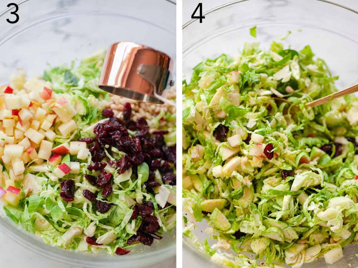 Set of two photos showing salad ingredients mixed together in a bowl.