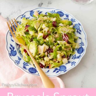 Pinterest graphic of a plate of Brussels sprout salad with a fork placed on top. A glass of water and a bowl of salad off to the side.