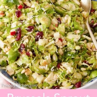 Pinterest graphic of a close view of Brussels sprout salad with shaved cheese, pine nuts, and dried cranberries with a spoon tucked in.
