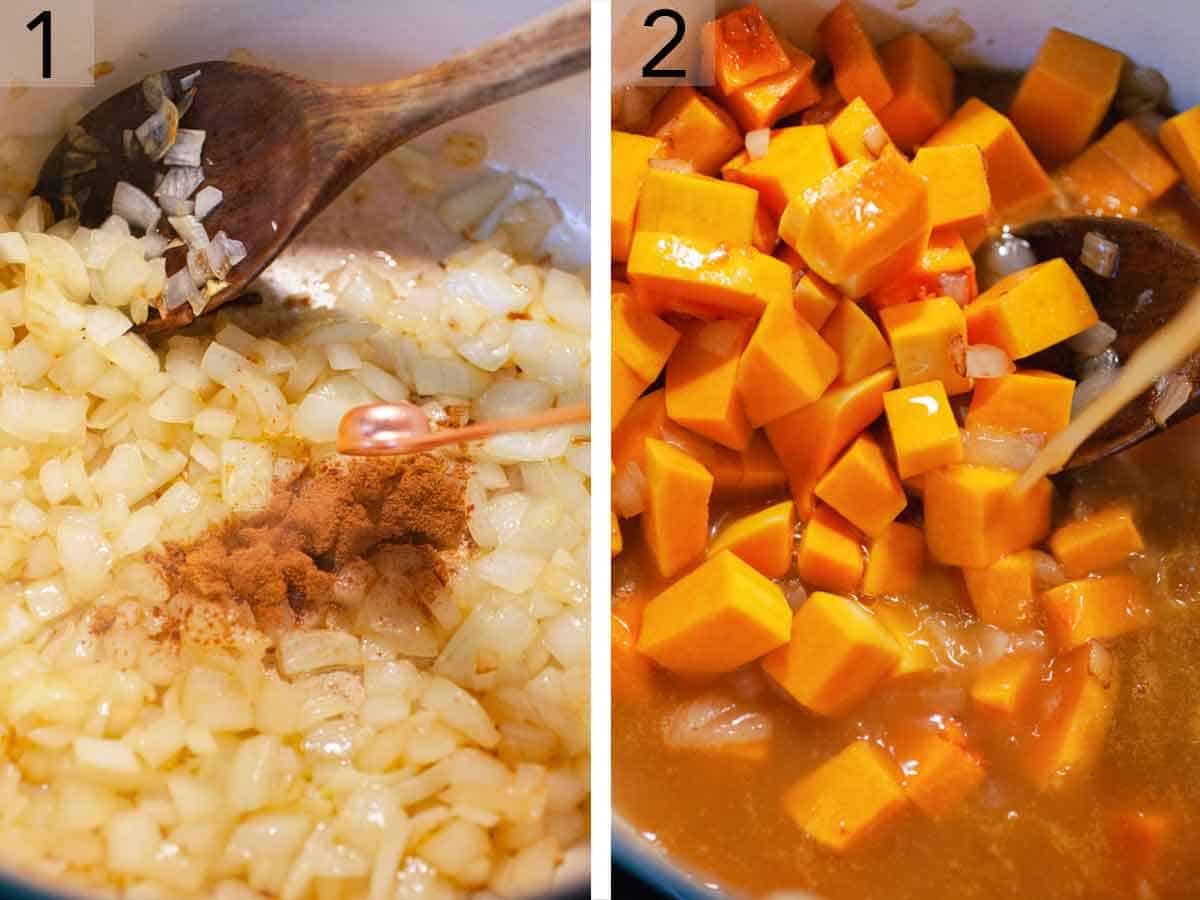 Set of two photos showing cinnamon added to a pot of cooked onions and cubed butternut squash added.