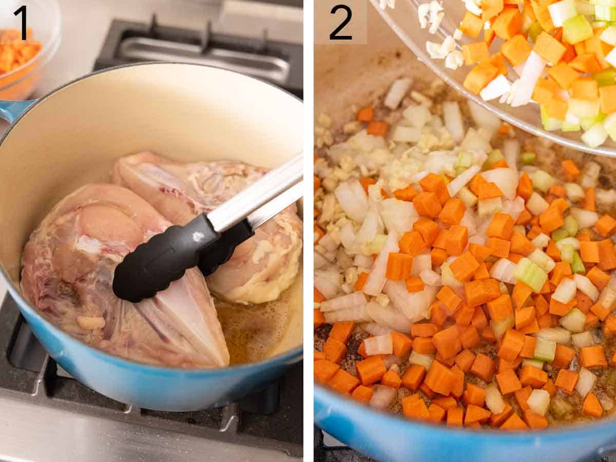 Set of two photos showing chicken seared in a pot and mirepoix added.