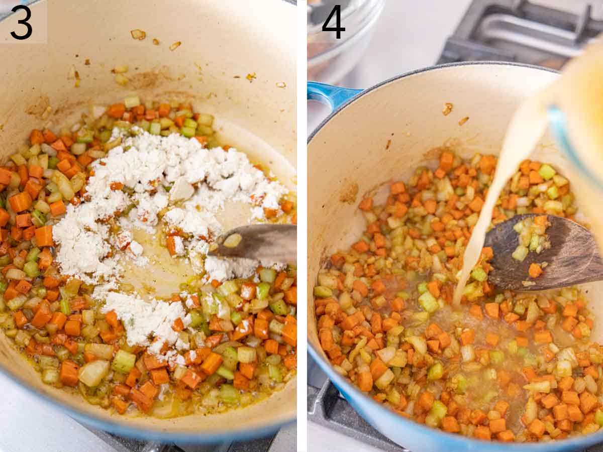 Set of two photos showing flour and broth added to the pot.