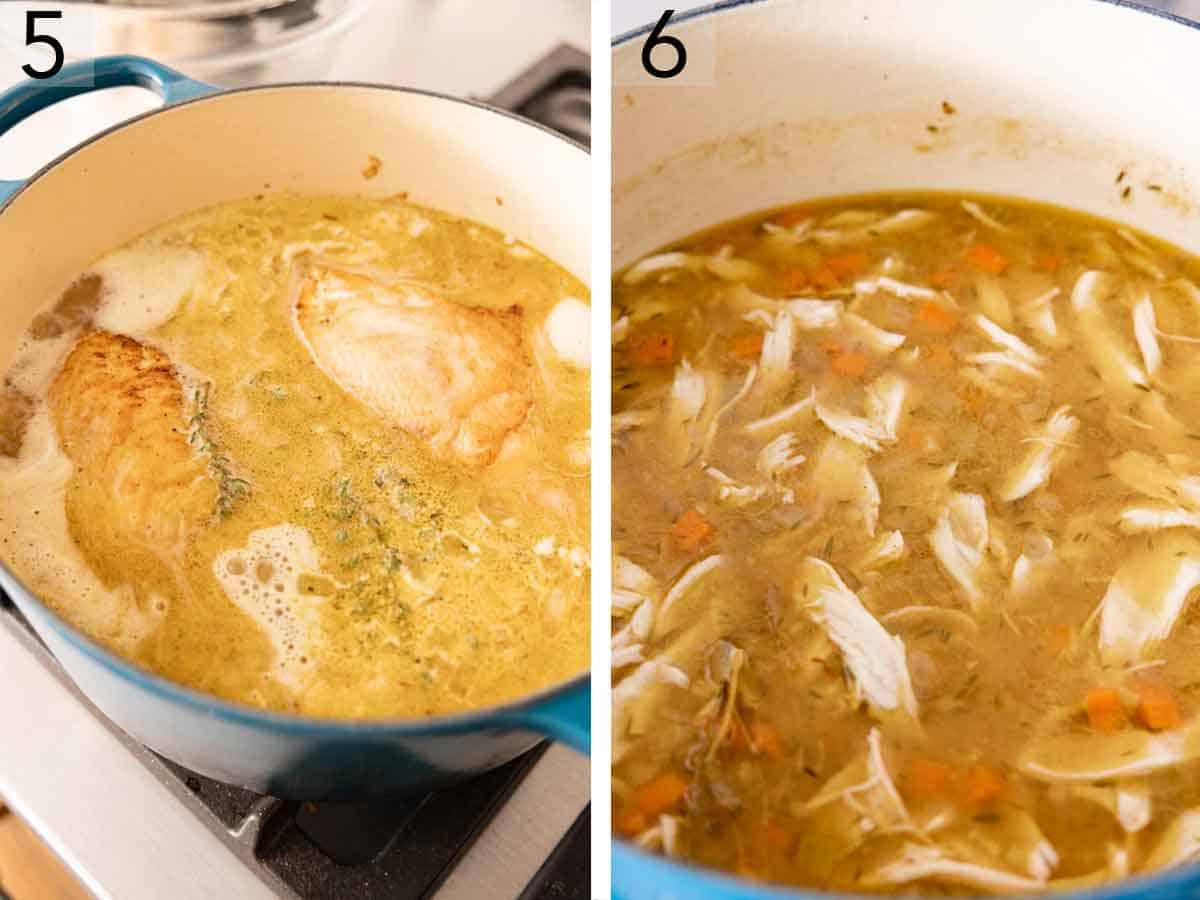 Set of two photos showing chicken added back to the pot and then shredded.