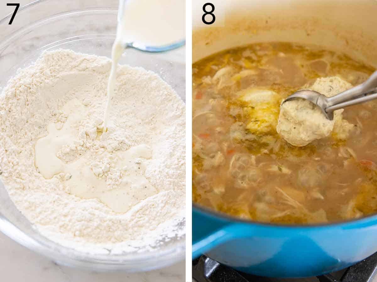Set of two photos showing milk added to flour mixture and dough added to the pot.
