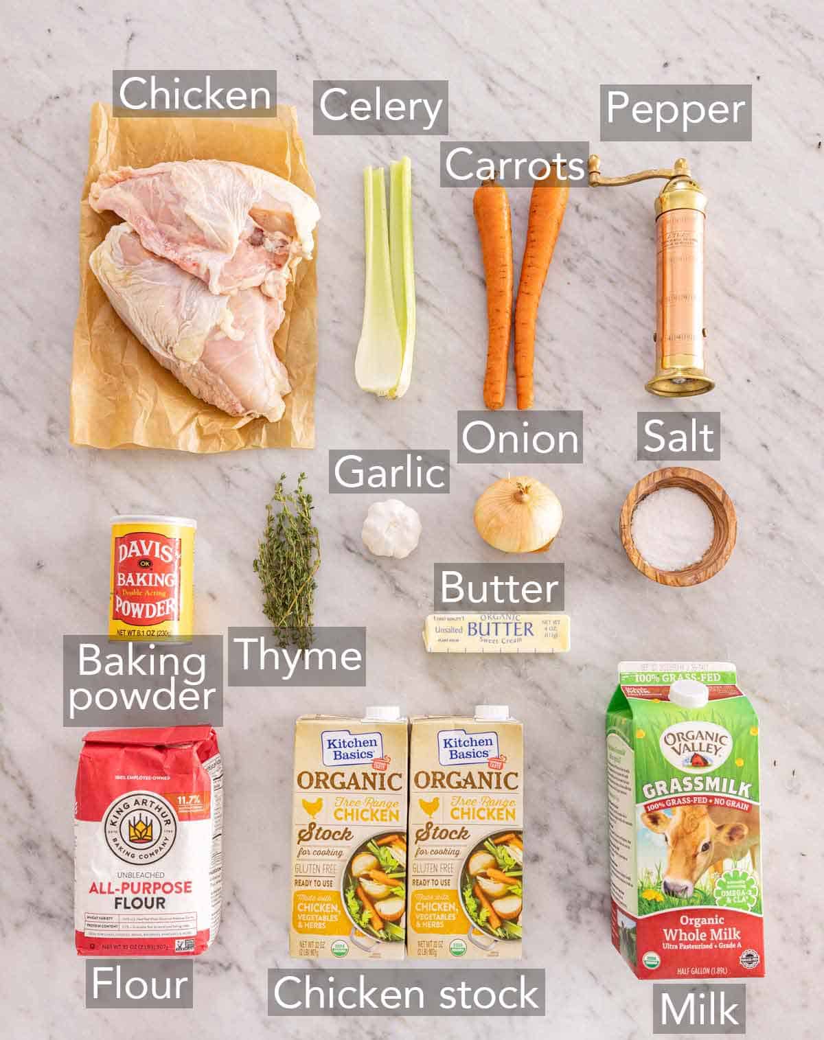 Ingredients needed to make chicken and dumplings.