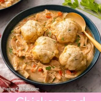 Pinterest graphic of a bowl of chicken and dumplings with a spoon inside the bowl.