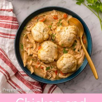 Pinterest graphic of an overhead view of a bowl of chicken and dumplings with a spoon tucked under a dumpling.