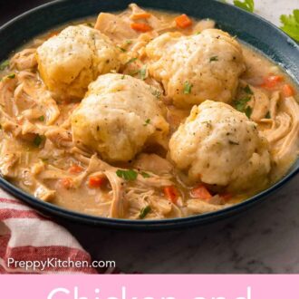 Pinterest graphic of a bowl of chicken and dumplings with fresh cilantro on top.