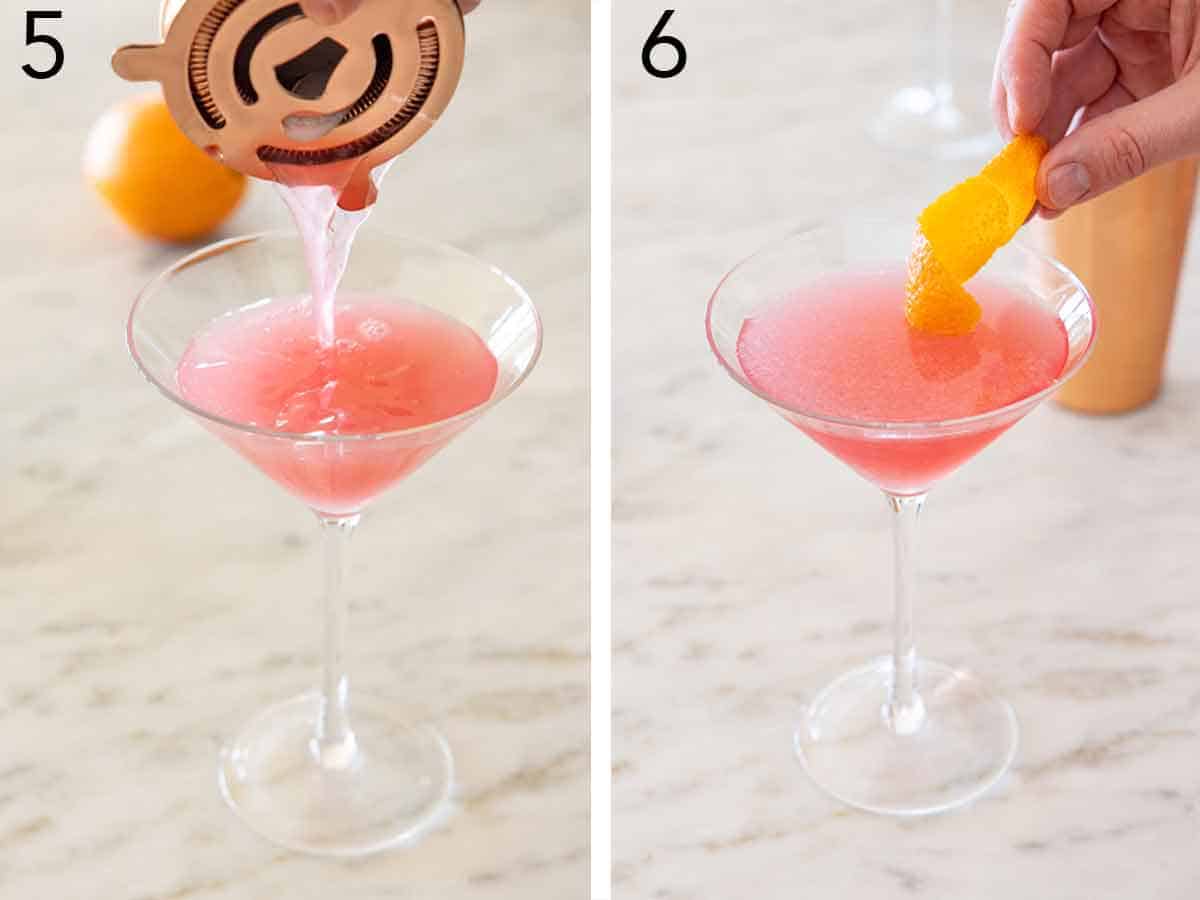 Set of two photos showing the cocktail strained into the glass and garnished with an orange peel.