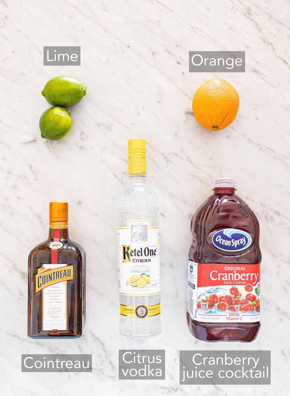 Ingredients needed to make a Cosmopolitan.