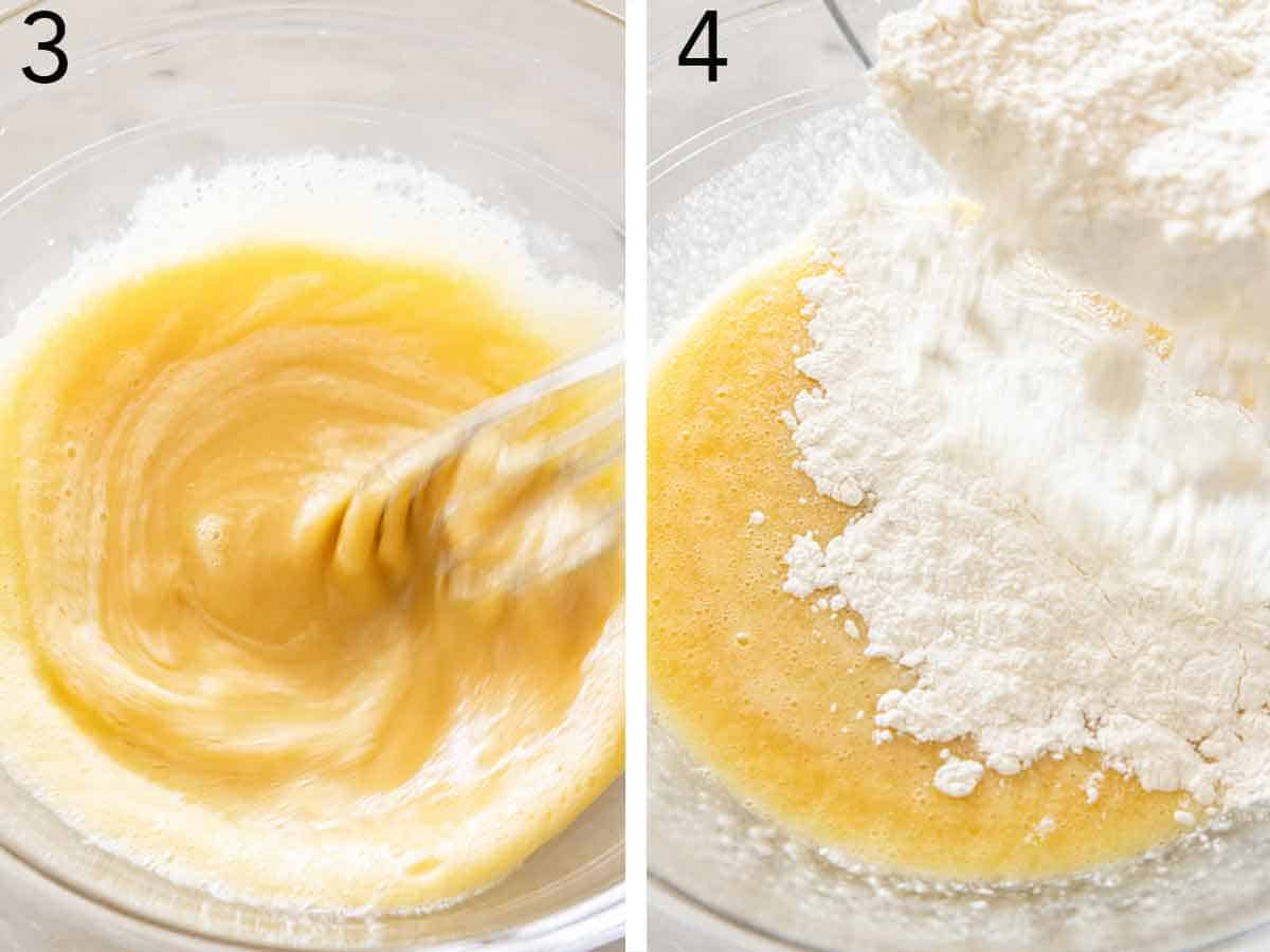 Set of two photos showing wet ingredients whisked together and then dry ingredients poured in.