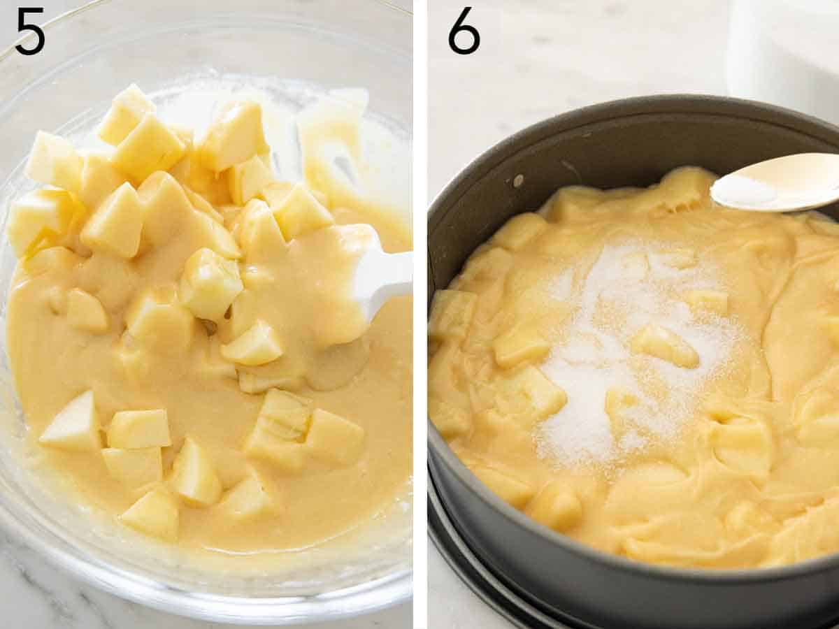 Set of two photos showing diced apples added to the batter and then poured into the cake pan with sugar sprinkled on top.