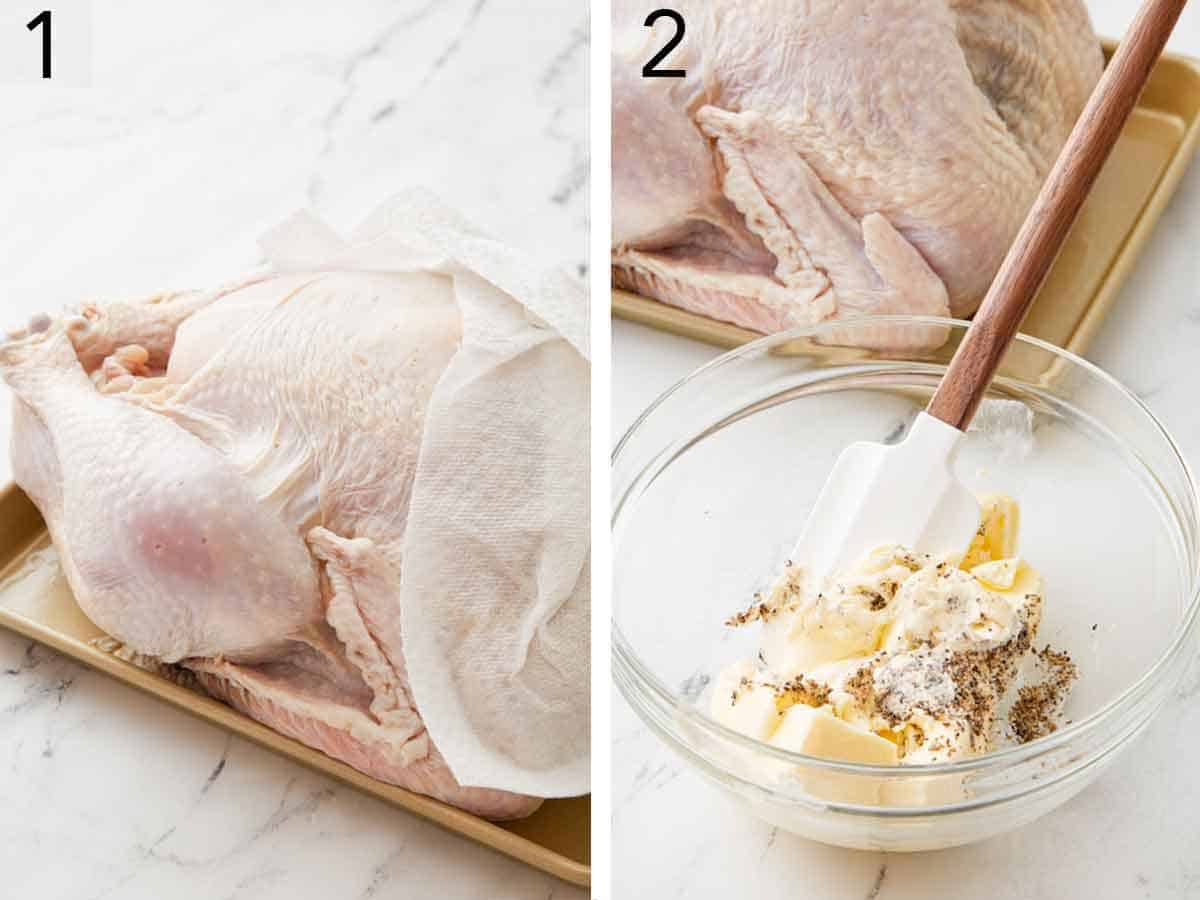 Set of two photos showing a turkey being pat dry and butter mixture combined.