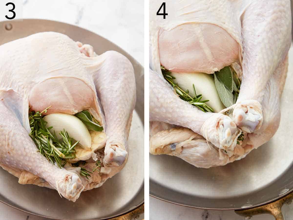 Set of two photos showing aromatics are stuffed into the bird's cavity and tying the legs together.