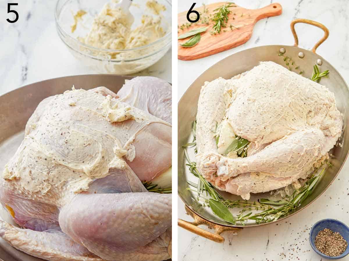 Set of two photos showing the butter mixture rubbed over the bird and herbs added to the roasting pan.