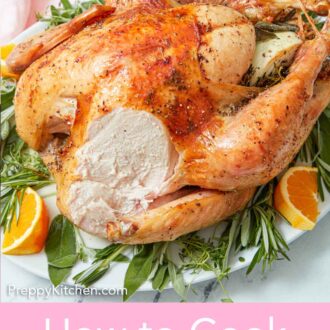 Pinterest graphic of a sliced roasted turkey on top of a bed of herbs and cut oranges.