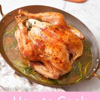 Pinterest graphic of a cooked turkey in a roasting pan with liquid and herbs.