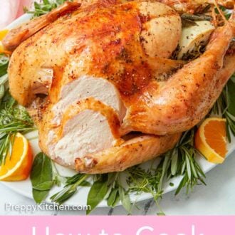 Pinterest graphic of a whole turkey with a piece of the breast sliced off.