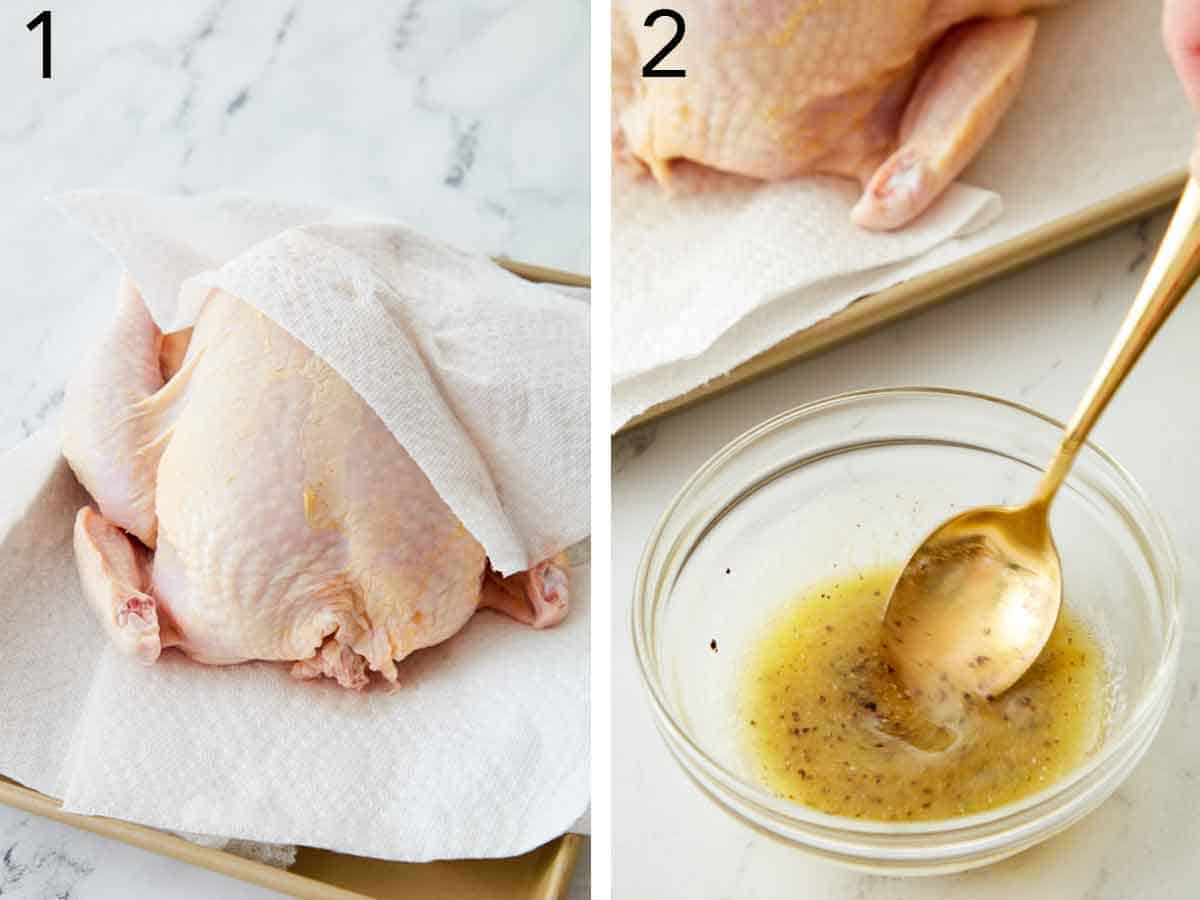 Set of two photos showing paper towels patting a chicken dry and butter mixture mixed.