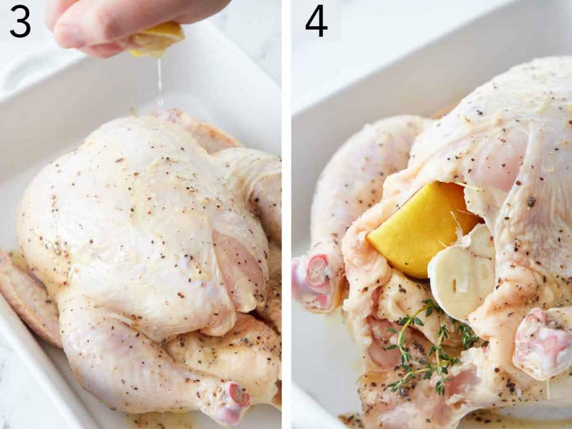 Set of two photos showing lemon squeezed over top the meat and then lemon, thyme, and garlic stuffed inside the cavity.