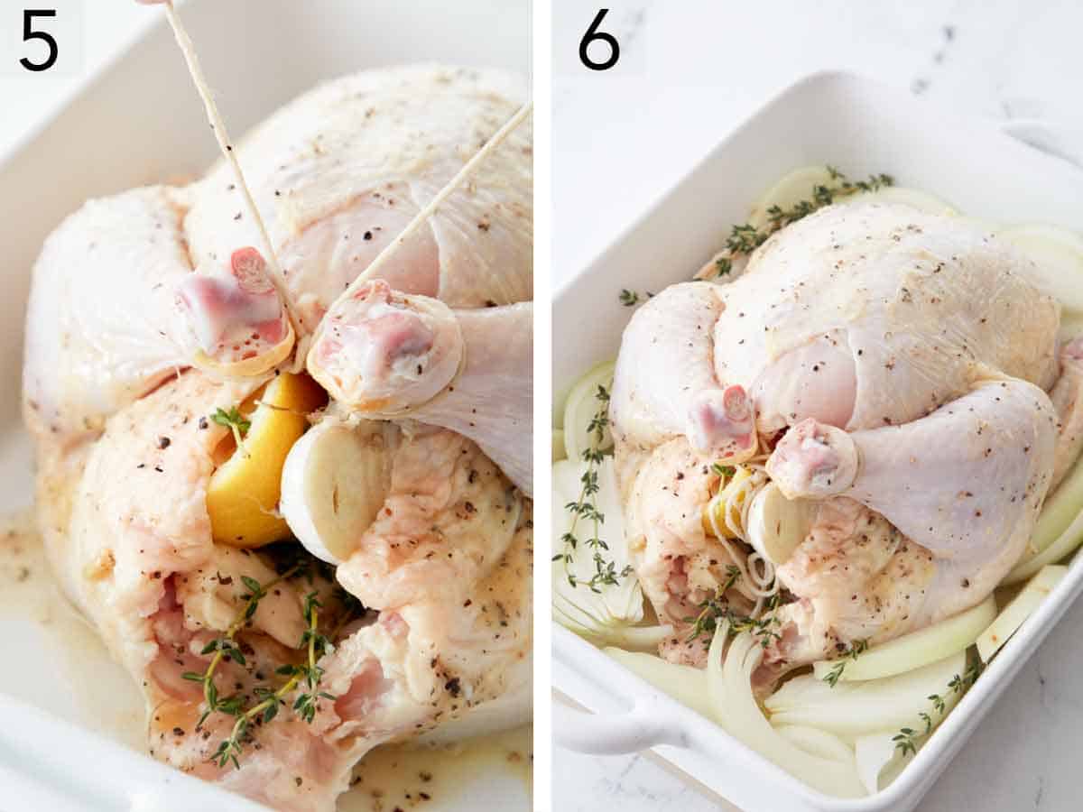 Set of two photos showing a chicken trussed and placed over a bed of sliced onions and thyme.