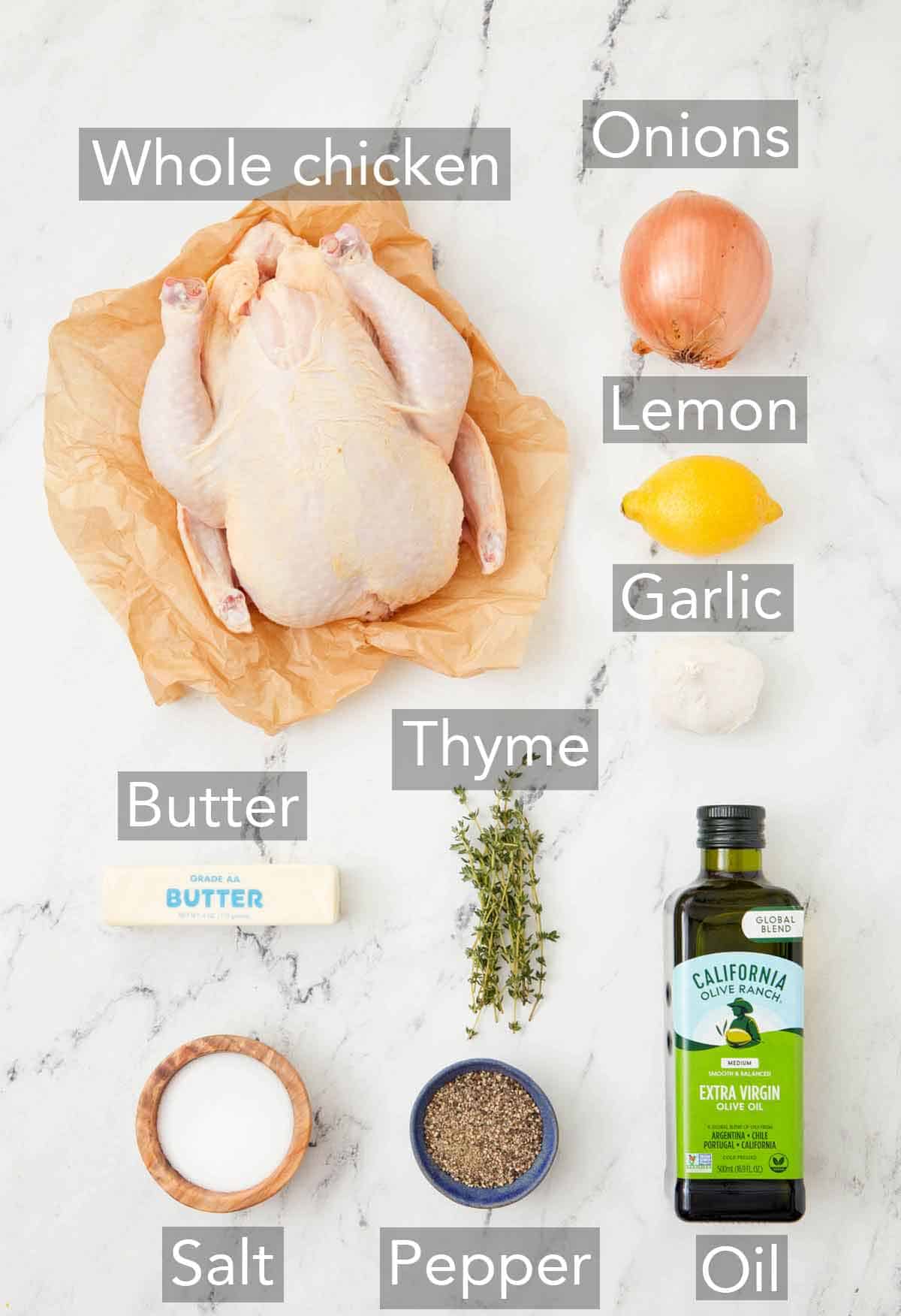 Ingredients needed to make roasted chicken.